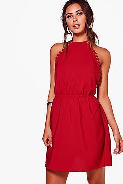 Boohoo Petite Poppy Pom Pom Trim Woven Sun Dress