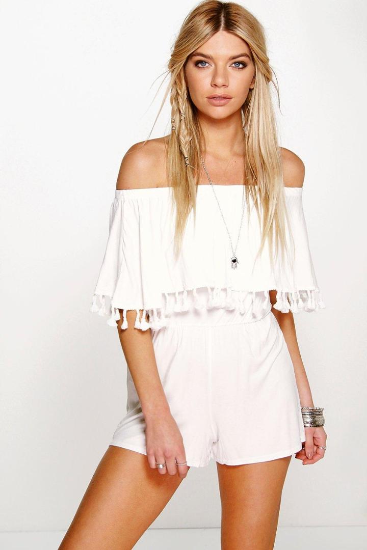 Boohoo Bella Bardot Off The Shoulder Frill Jersey Playsuit Ivory