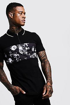 Boohoo Colour Block Zip Neck Jersey Print Polo