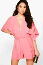Boohoo Lola Kimono Sleeve Open Back Playsuit Coral