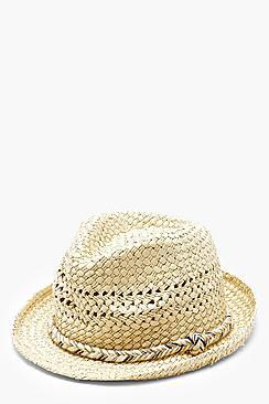 Boohoo Kerry Metallic Rope Detail Straw Trilby