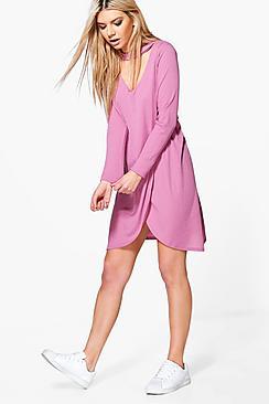 Boohoo Elodie Wrap Front Rib Choker Shift Dress