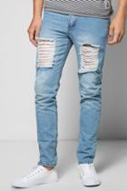 Boohoo Slim Fit Rigid Jeans With Extreme Knee Rips Blue