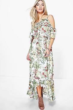 Boohoo Cari Floral Print Ruffle Neck Maxi Dress