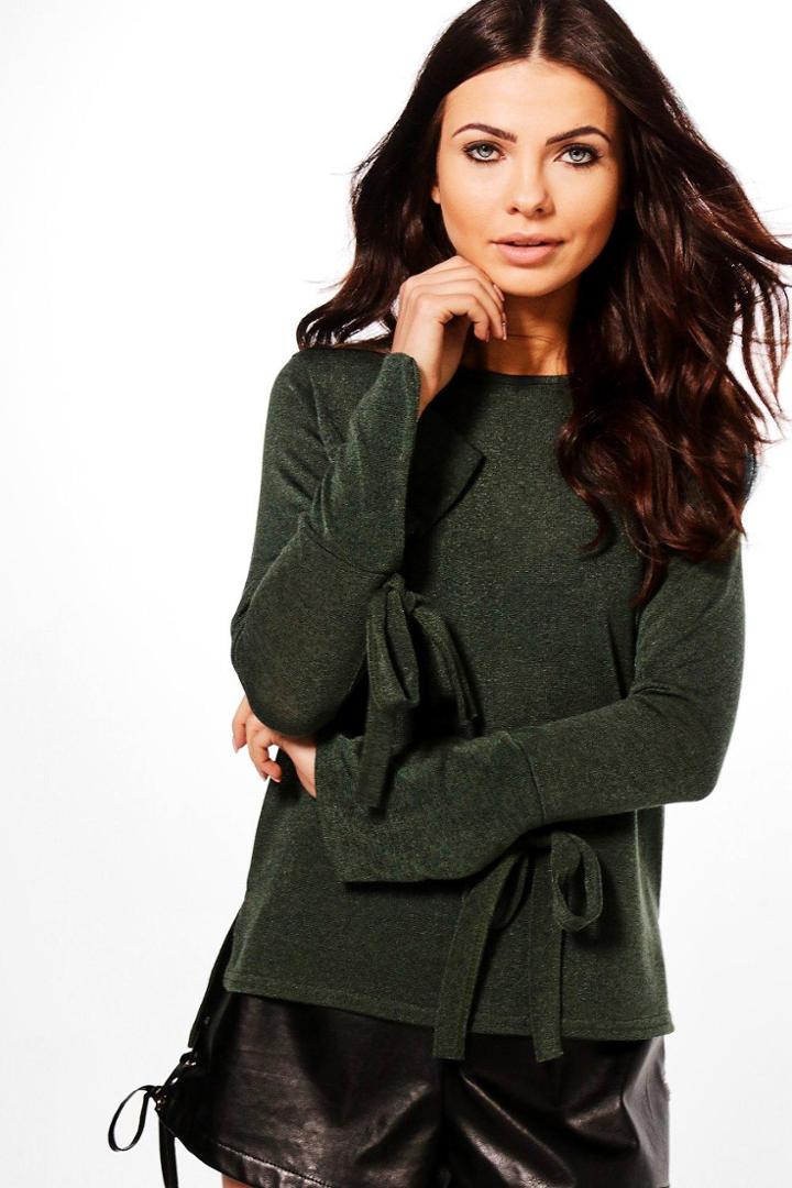 Boohoo Petite Evie Eyelet Lace Up Sleeve Jumper Khaki