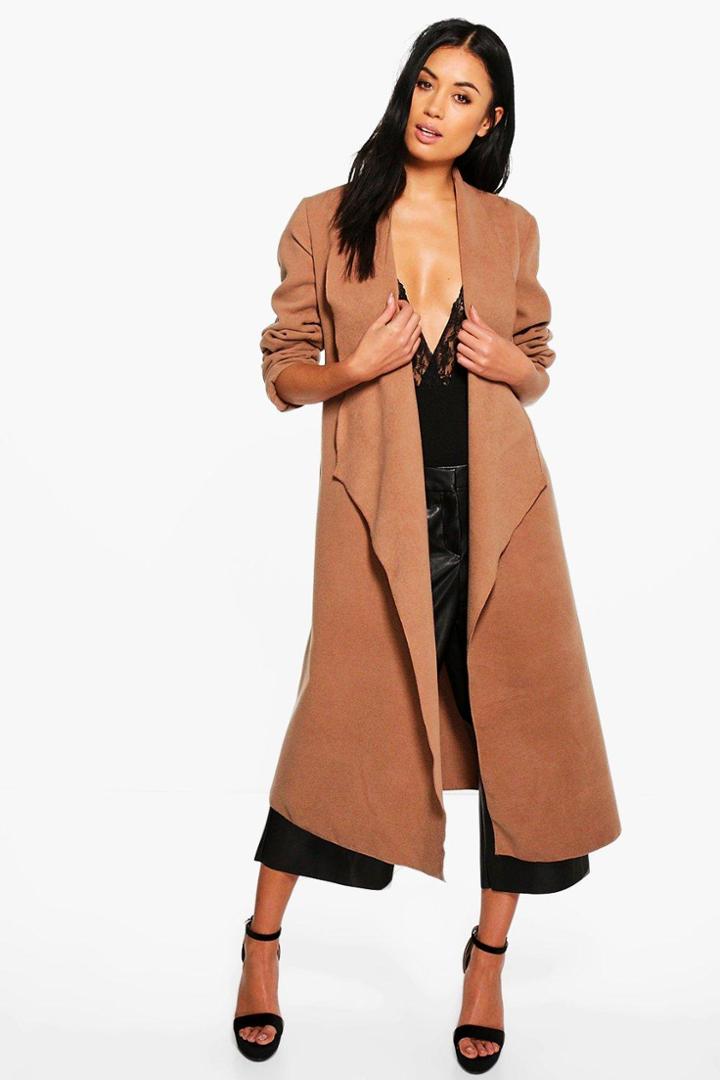 Boohoo Evelyn Waterfall Wool Look Belted Duster Camel