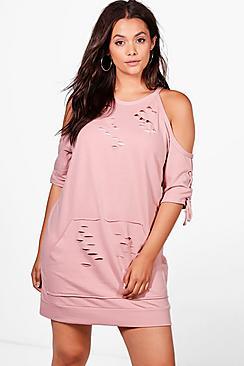 Boohoo Plus Alice Distressed Open Shoulder Sweat Dress