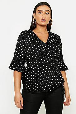 Boohoo Plus Spotty Ruffle Sleeve Wrap Top