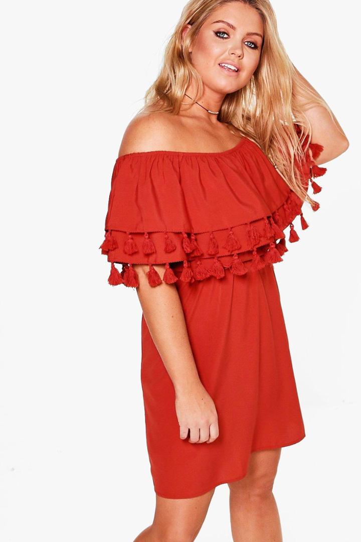 Boohoo Plus Lottie Pom Pom Double Layer Dress Spice