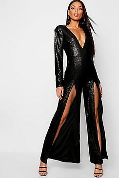 Boohoo Boutique Long Sleeve Plunge Sequin Split Jumpsuit