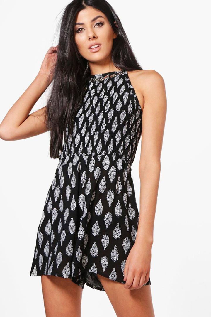 Boohoo Jen Printed Coin Trim Playsuit Black