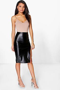 Boohoo Loraya Side Split Leather Look Midi Skirt
