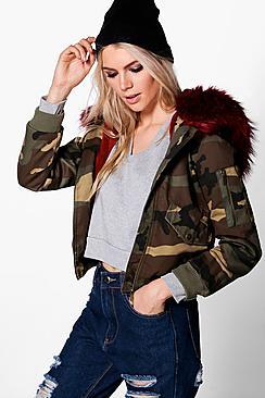 Boohoo Alice Camo Bomber With Faux Fur Hood