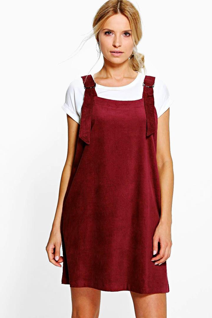 Boohoo Julie Jumbo Rib D-ring Pinafore Dress Merlot