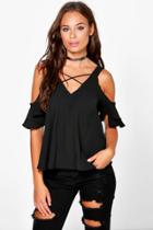 Boohoo Sasha Cold Shoulder V Neck Woven Top Black