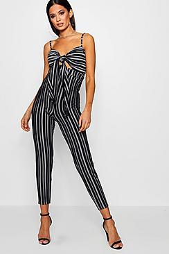Boohoo Tia Striped Tie Front Skinny Leg Jumpsuit