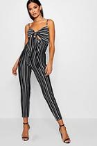 Boohoo Tia Striped Tie Front Skinny Leg Jumpsuit