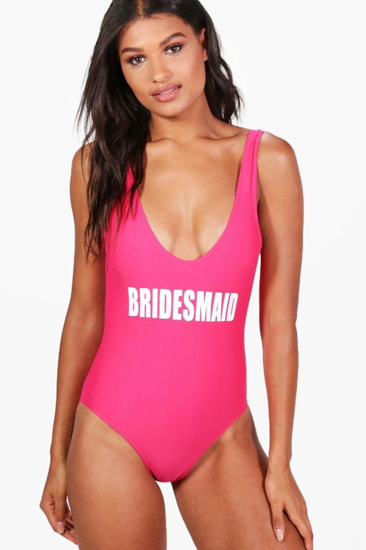 Boohoo Phuket Bridesmaid Slogan Bathing Suit Pink