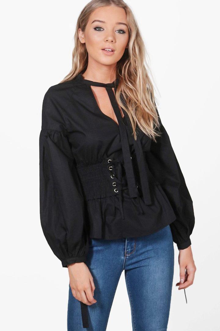 Boohoo Eva Corset Waist Balloon Sleeve Tie Neck Top Black