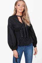 Boohoo Eva Corset Waist Balloon Sleeve Tie Neck Top Black