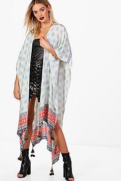 Boohoo Violet Pom Pom Printed Kimono