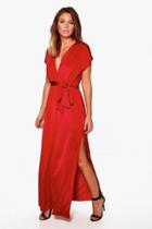 Boohoo Flossie Deep Plunge Tie Waist Maxi Dress Red