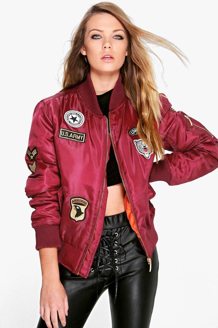 Boohoo Brooke Badge Ma1 Bomber Wine