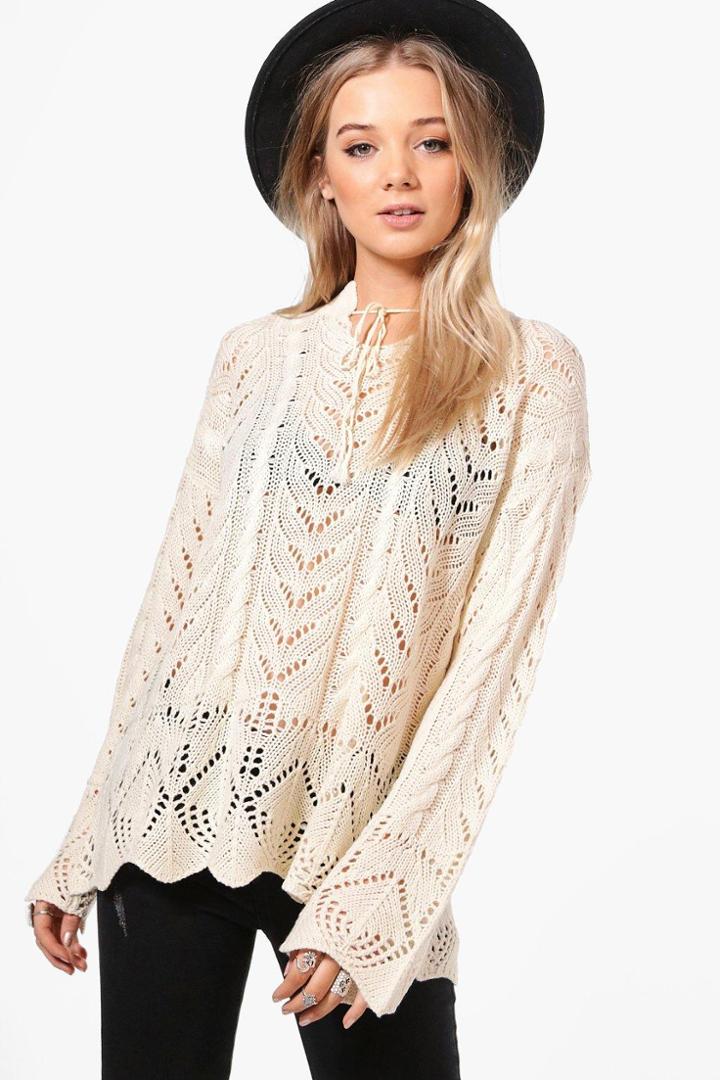 Boohoo Phoebe Festival Tie Neck Jumper Cream