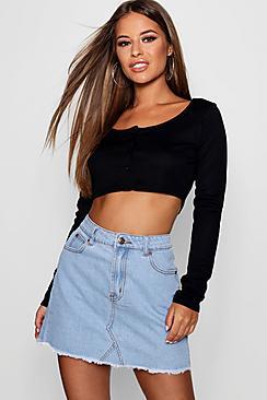 Boohoo Petite Ash Ribbed Buttoned Front Long Sleeve Crop Top