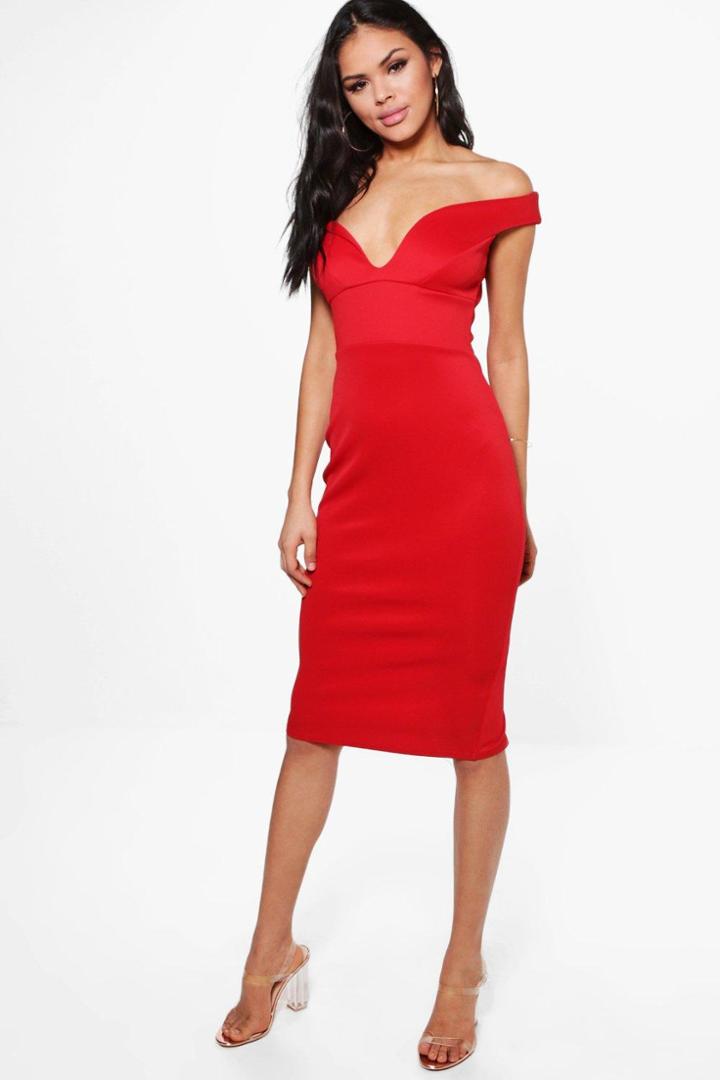 Boohoo Skye Sweetheart Off Shoulder Bodycon Dress Red