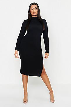 Boohoo Plus Jumbo Rib High Neck Split Midi Dress