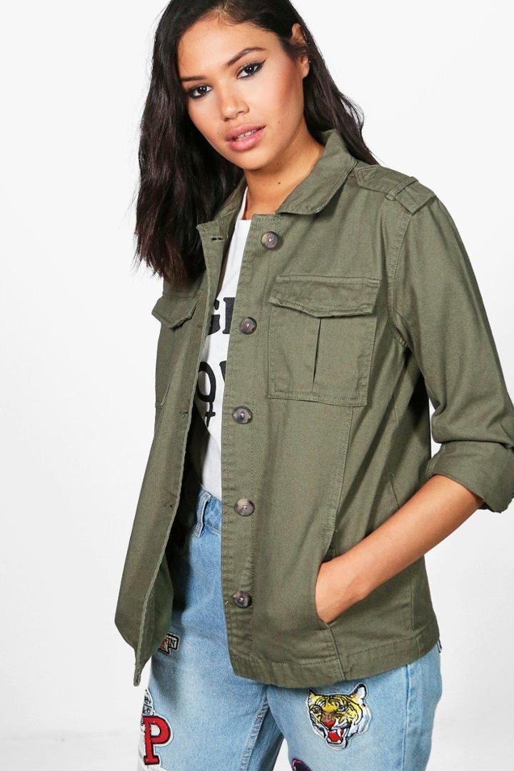 Boohoo Aimee Fixed Epaulette Short Jacket Khaki
