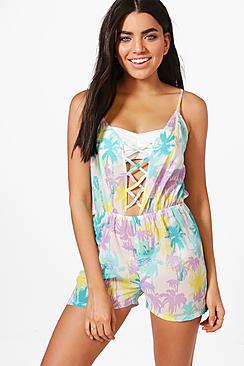 Boohoo Lois Pastel Palm Lace Up Beach Playsuit