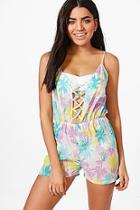 Boohoo Lois Pastel Palm Lace Up Beach Playsuit