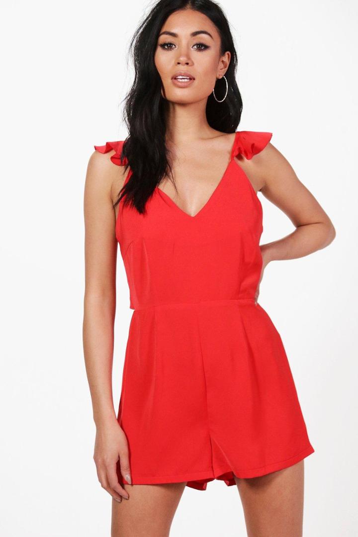 Boohoo Emily Ruffle Shoulder Backless Woven Playsuit Tomato
