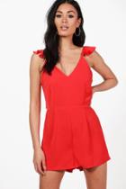Boohoo Emily Ruffle Shoulder Backless Woven Playsuit Tomato