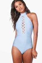 Boohoo Fiji Boutique Bandage Detailed Choker Sunsuit Blue