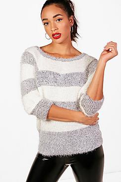 Boohoo Fiona Fluffy Knit Batwing Stripe Jumper