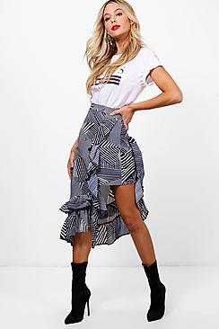 Boohoo Woven Mixed Stripe Ruffle Midi Skirt