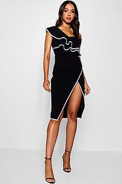 Boohoo Amy One Shoulder Contrast Ruffle Midi Dress