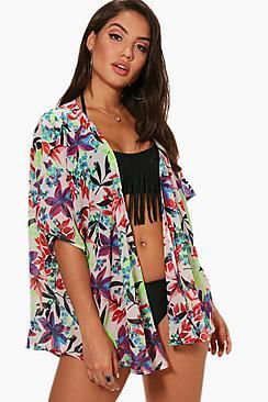 Boohoo Keira Neon Leaf Beach Kimono