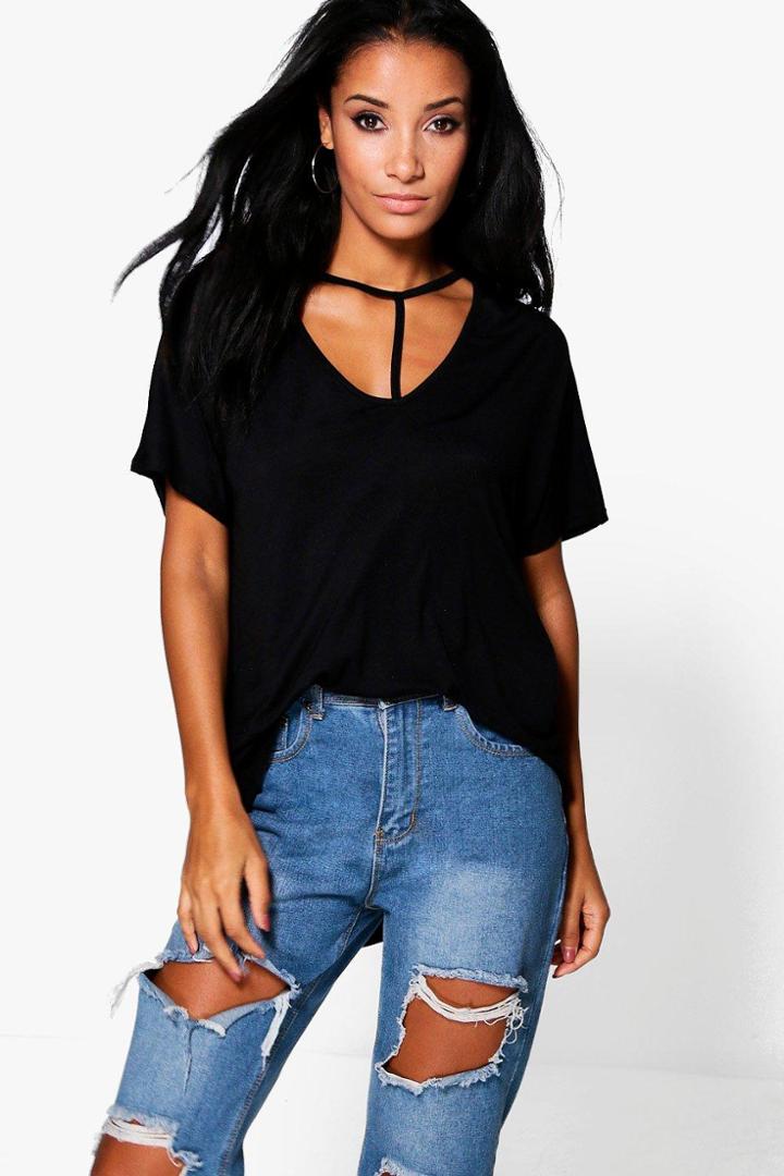 Boohoo Rose Strappy Choker Dip Back Tee Black