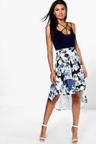 Boohoo Boutique Cate Floral Dipped Hem Midi Skirt