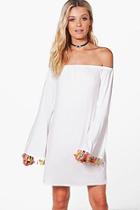 Boohoo Cara Off The Shoulder Tassel Trim Dress