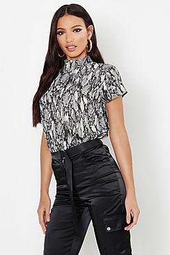 Boohoo Woven Snake Print High Neck Blouse