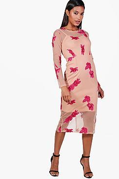 Boohoo Boutique Eliza Embroidered Mesh Midi Dress