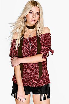 Boohoo Paige Tie Sleeve Printed Off The Shoulder Top
