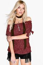 Boohoo Paige Tie Sleeve Printed Off The Shoulder Top
