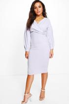 Boohoo Petite Natalie Puff Ball Sleeve Wrap Midi Dress Dove