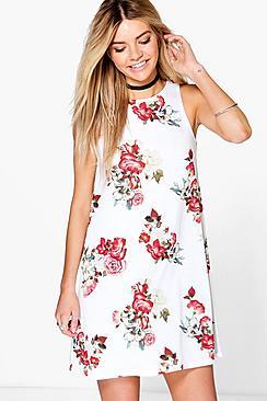 Boohoo Eleanor Floral High Neck Swing Dress